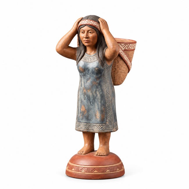 Escultura Antropomorfa Alfarera de Chazuta con Cesto · recreación visual de catálogo con fondo blanco; confirmar el ejemplar disponible con el taller.