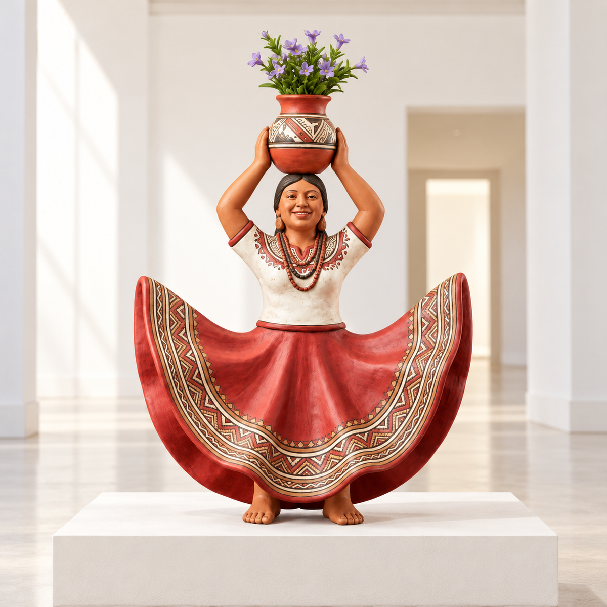 Escultura Monumental Danzante de Pandilla Amazónica con Tinaja Floral · sala de museo; ambientación digital a partir de la imagen de catálogo. Elementos del escenario no incluidos.