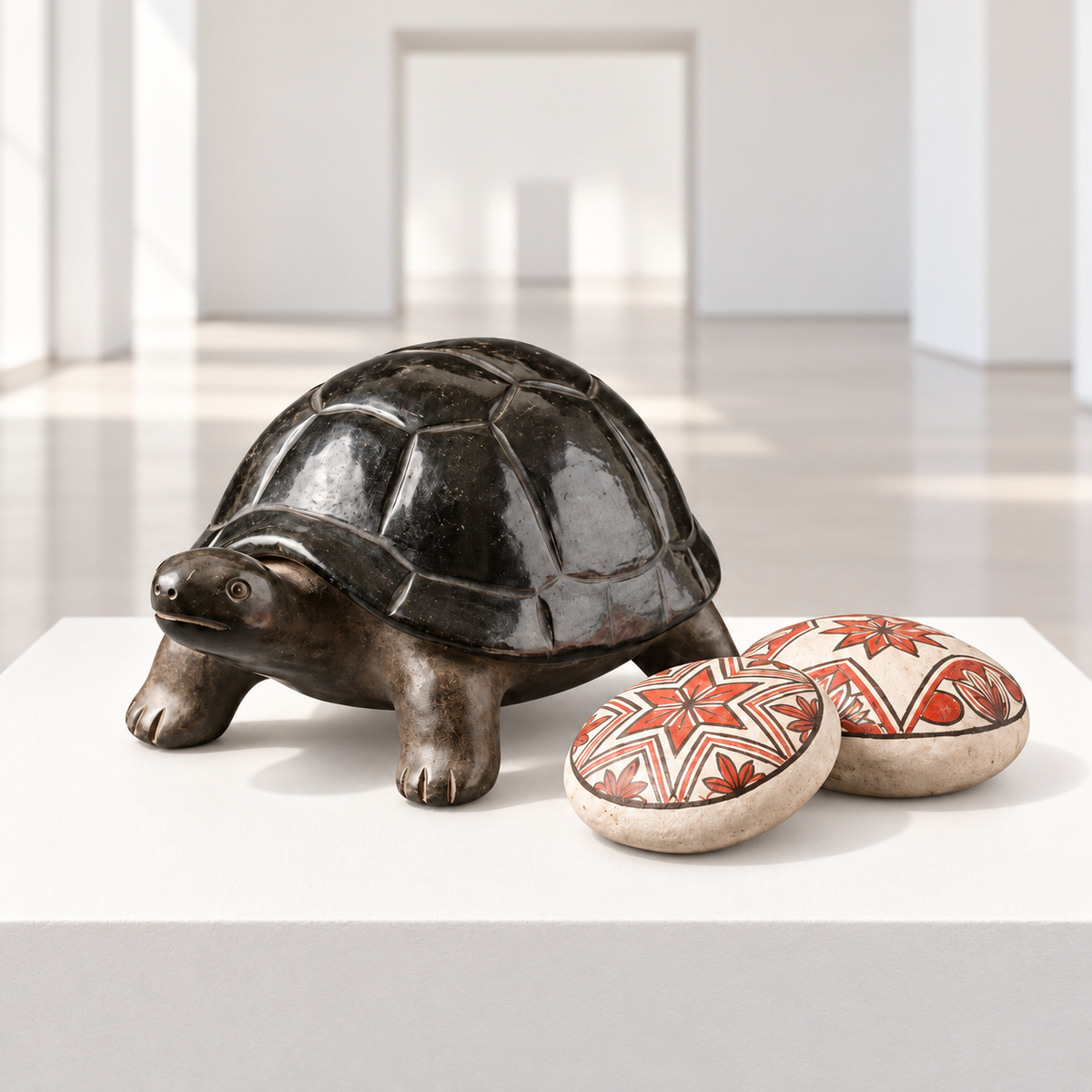 Escultura Zoomorfa Tortuga Motelo en Cerámica Negra y Piedras Pintadas · sala de museo; ambientación digital a partir de la imagen de catálogo. Elementos del escenario no incluidos.