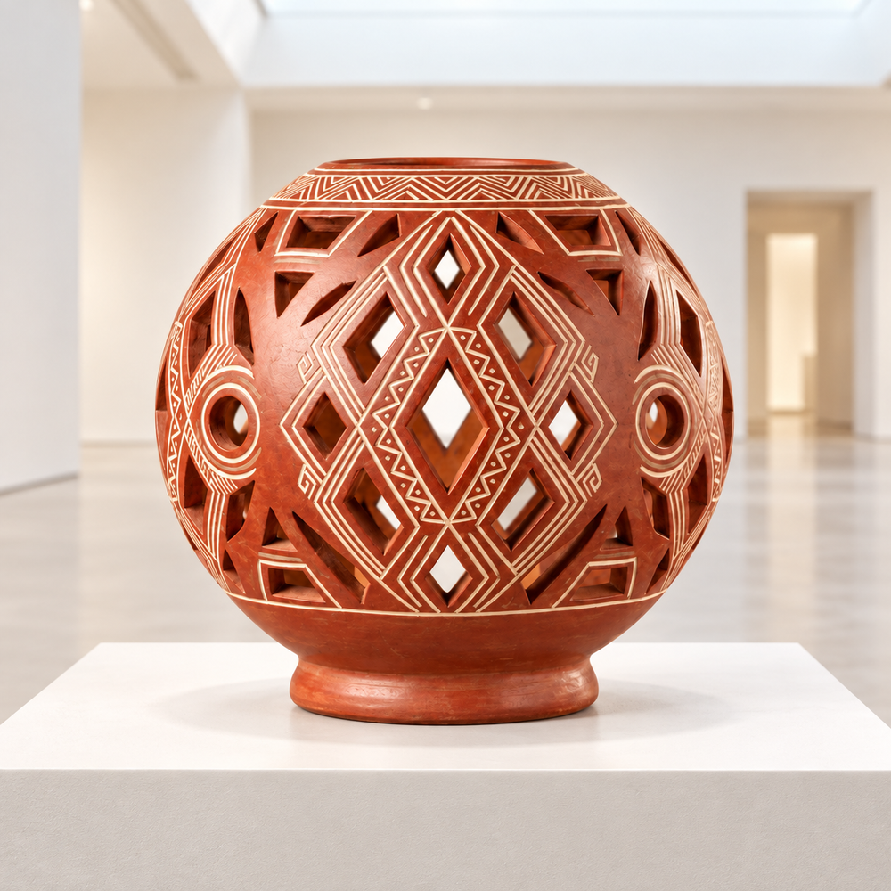 Esfera Luminaria y Sahumerio Calado en Terracota Roja de Chazuta · sala de museo; ambientación digital a partir de la imagen de catálogo. Elementos del escenario no incluidos.