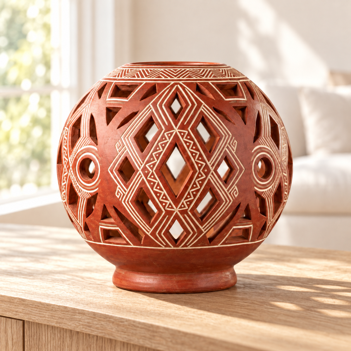 Esfera Luminaria y Sahumerio Calado en Terracota Roja de Chazuta · interior contemporáneo; ambientación digital a partir de la imagen de catálogo. Elementos del escenario no incluidos.