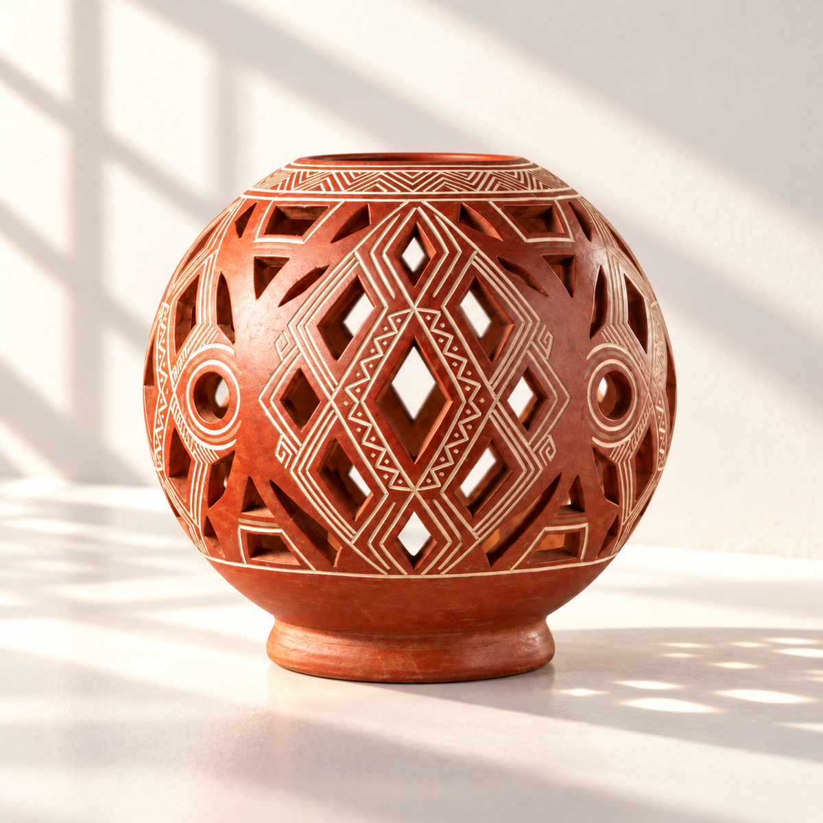 Esfera Luminaria y Sahumerio Calado en Terracota Roja de Chazuta · luz cinematográfica de ventana; ambientación digital a partir de la imagen de catálogo. Elementos del escenario no incluidos.