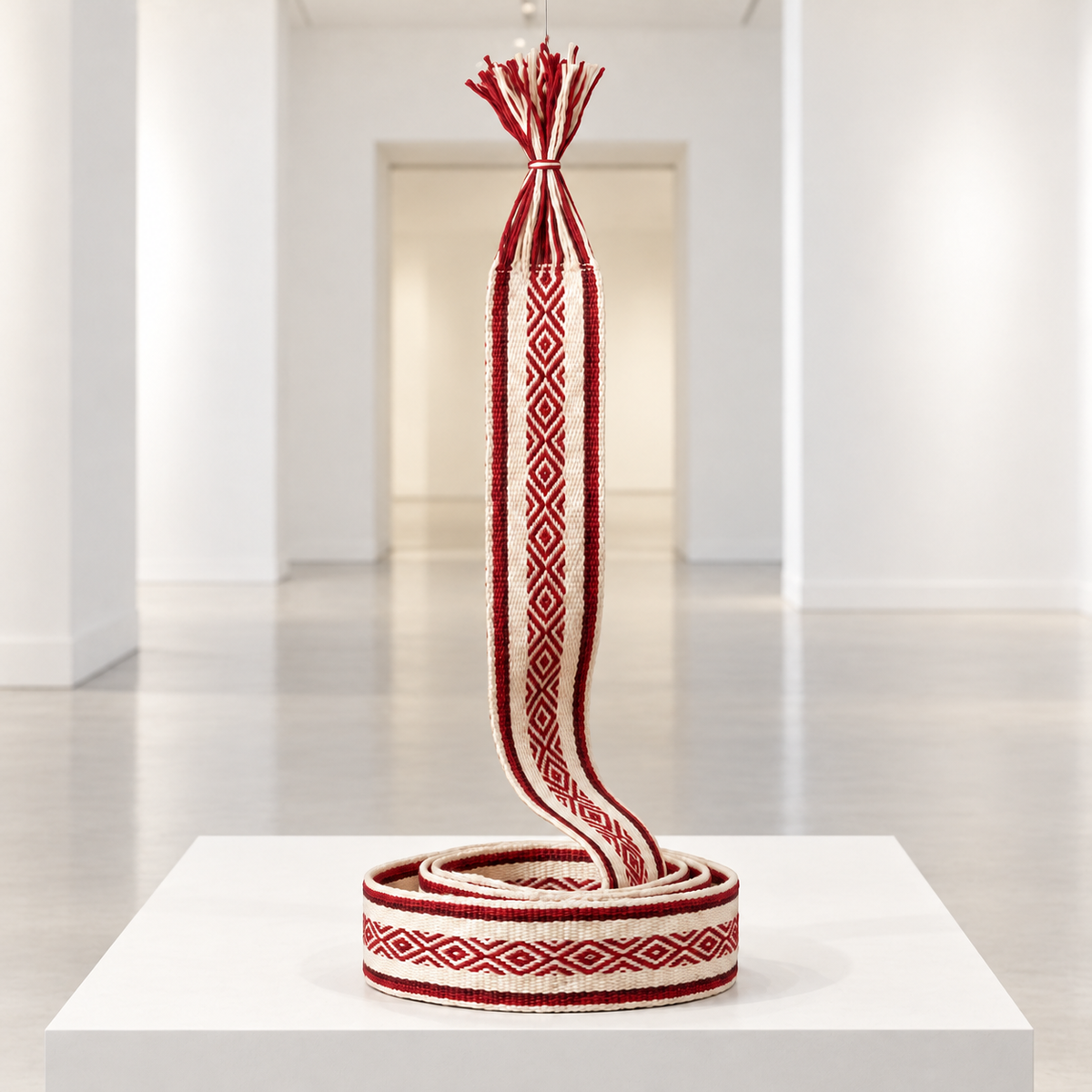Faja Ceremonial Tejida en Telar de Cintura (Chumbi Amazónico) · sala de museo; ambientación digital a partir de la imagen de catálogo. Elementos del escenario no incluidos.