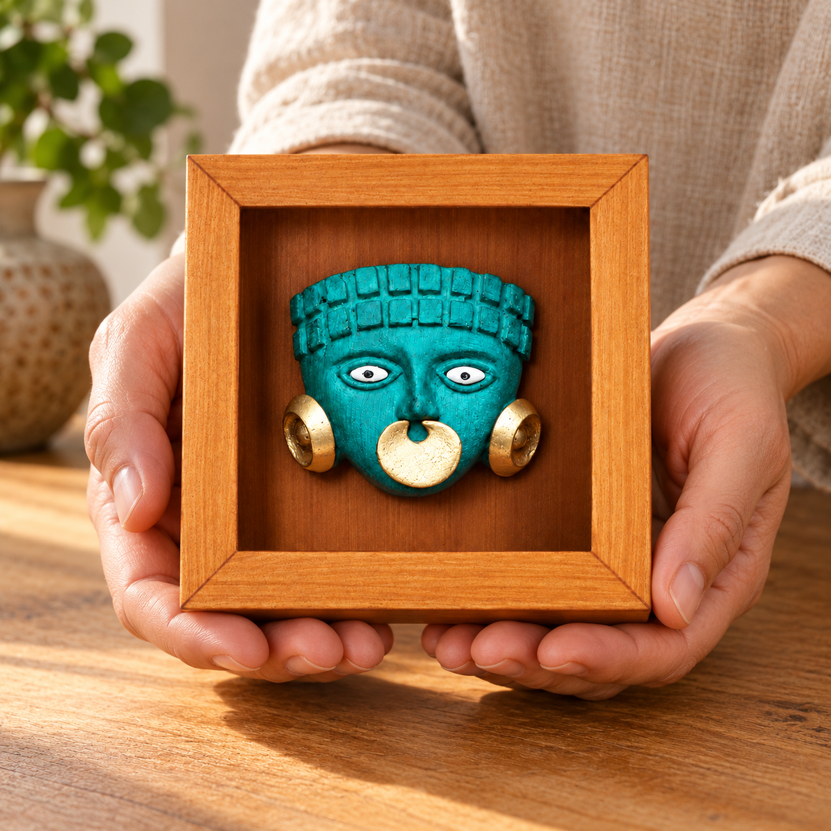 Guerrero Mochica · Shadow Box 13 × 13 cm, como regalo de arte peruano. Ambientación digital basada en la obra; accesorios decorativos no incluidos.