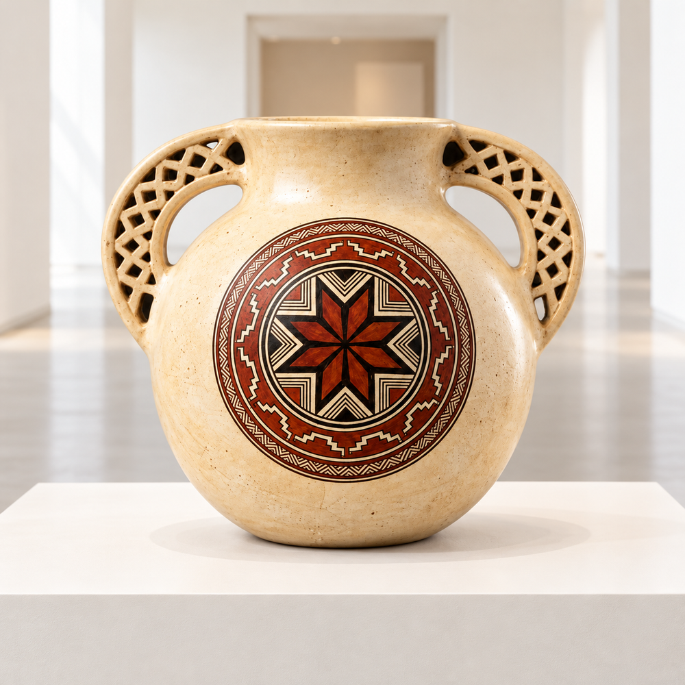 Jarrón Ceremonial de Doble Asa Calada y Estrella Solar de Chazuta · sala de museo; ambientación digital a partir de la imagen de catálogo. Elementos del escenario no incluidos.