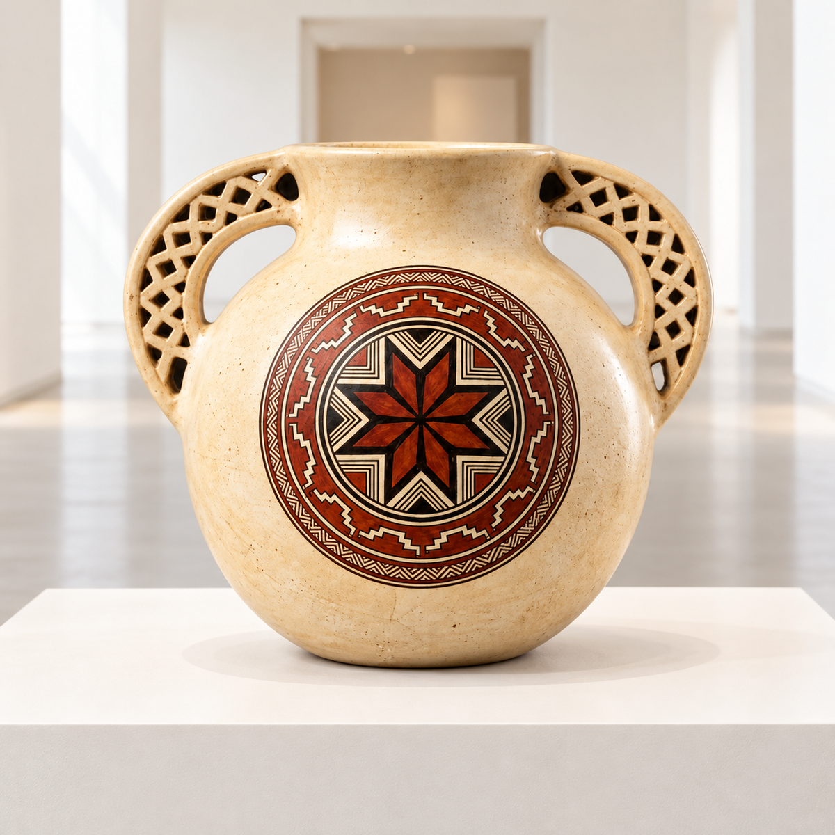 Jarrón Ceremonial de Doble Asa Calada y Estrella Solar de Chazuta · sala de museo; ambientación digital a partir de la imagen de catálogo. Elementos del escenario no incluidos.