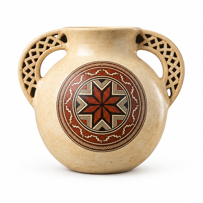 Jarrón Ceremonial de Doble Asa Calada y Estrella Solar de Chazuta · recreación visual de catálogo con fondo blanco; confirmar el ejemplar disponible con el taller.