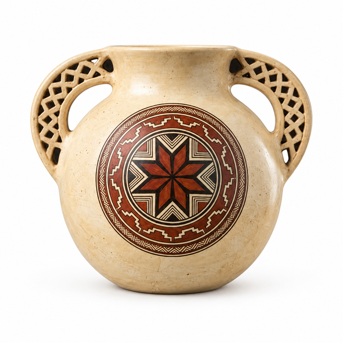 Jarrón Ceremonial de Doble Asa Calada y Estrella Solar de Chazuta