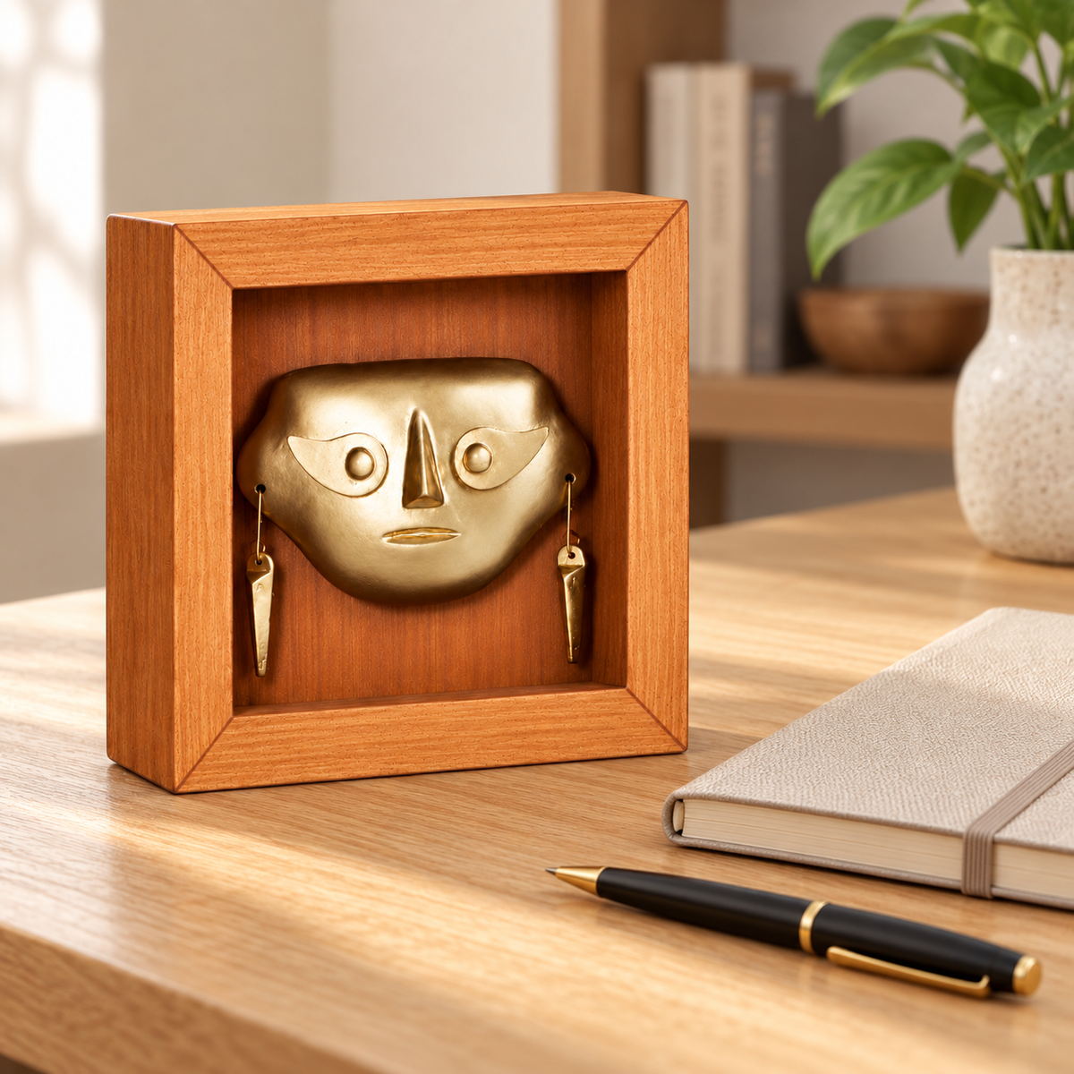 Lambayeque, Shadow Box 13 × 13 cm, en un escritorio. Ambientación digital basada en la obra; accesorios decorativos no incluidos.
