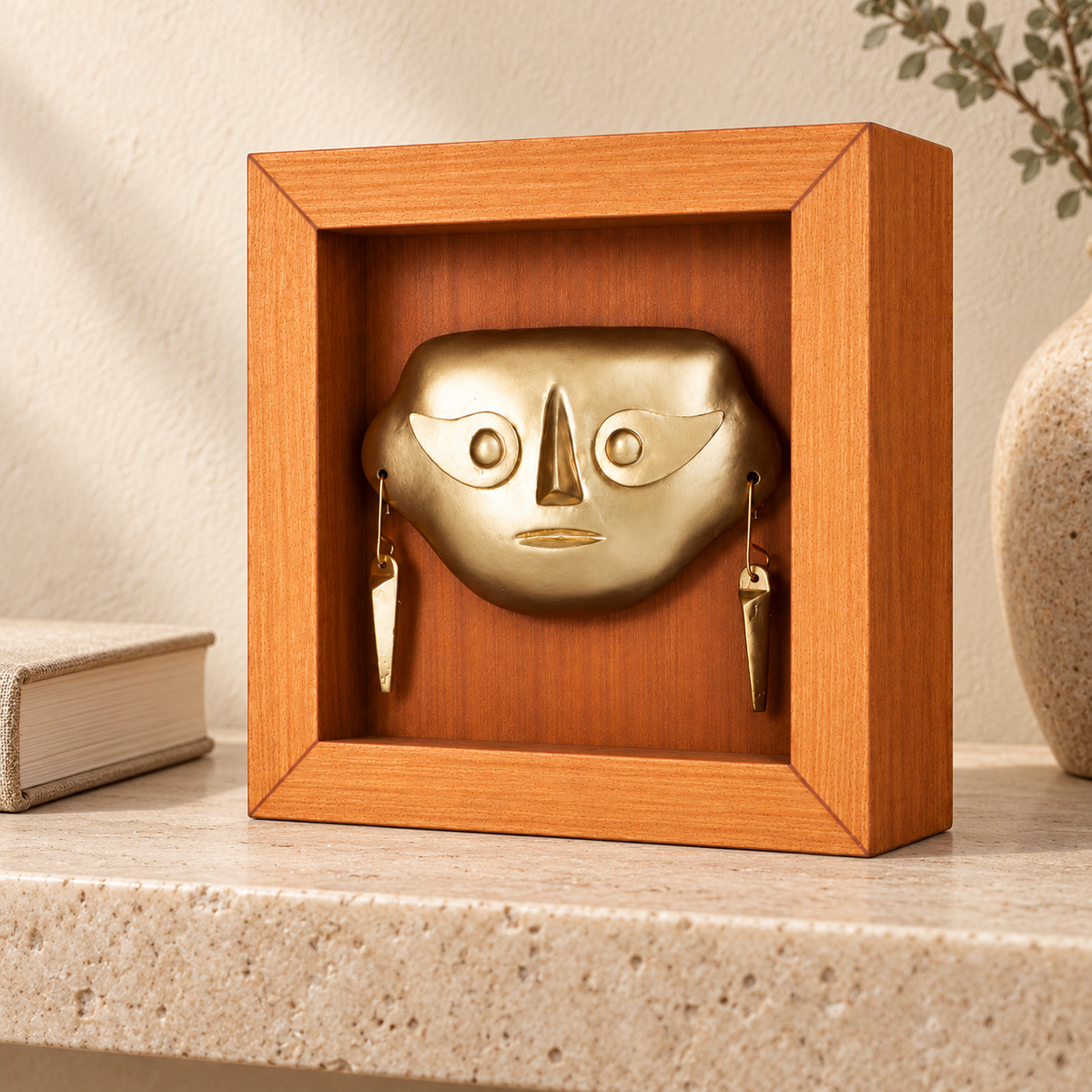 Lambayeque, Shadow Box 13 × 13 cm, en una repisa de colección. Ambientación digital basada en la obra; accesorios decorativos no incluidos.