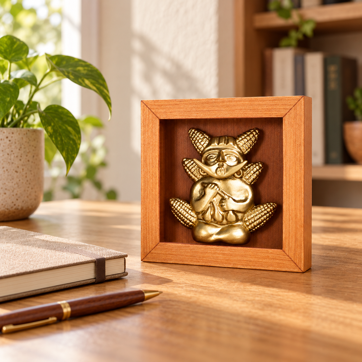 Mochica con Choclos · Shadow Box 13 × 13 cm, en un escritorio. Ambientación digital basada en la obra; accesorios decorativos no incluidos.