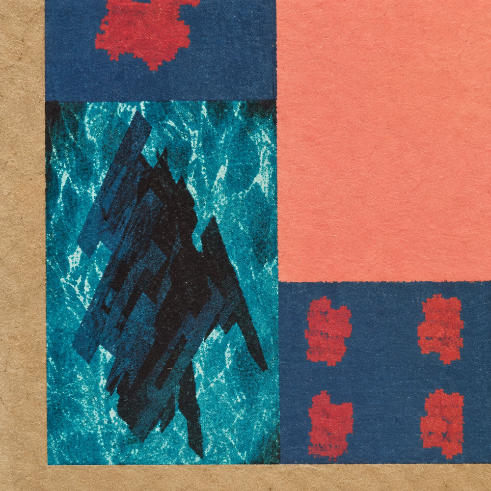 Cuadro Coral y Turquesa — Acercamiento de motivos. Detalle y ambientación digital basados en fotografía original; solo área documentada. No representa bordes o enmarcado no fotografiados. Elementos de escena no incluidos.