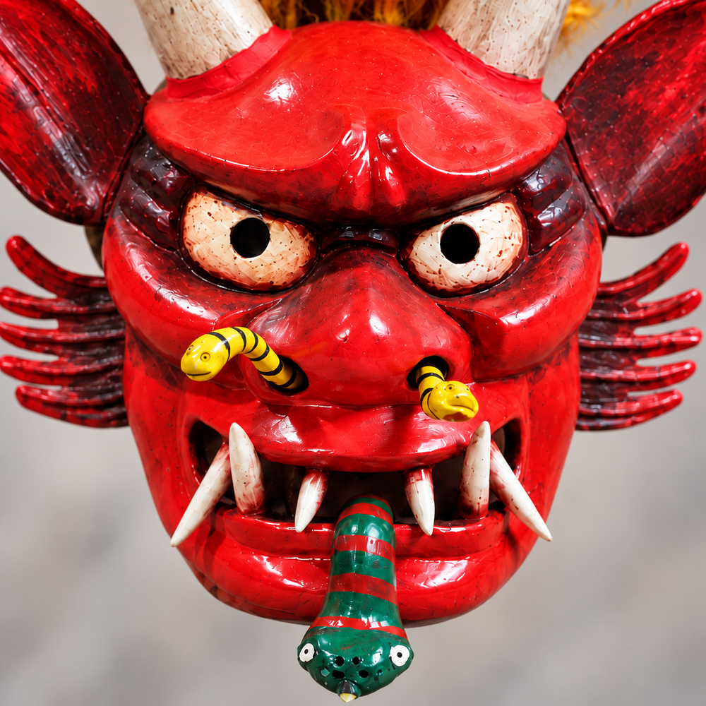 Máscara de Danza Diablo Saqra — Detalle del rostro y policromía. Ambientación digital basada en la imagen de catálogo; elementos del escenario no incluidos.