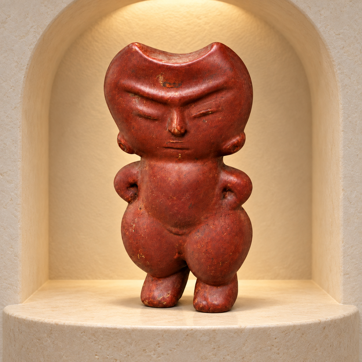 Figurina Vicús Amuleto de Fertilidad — Nicho de exposición. Ambientación digital basada en la fotografía del producto.