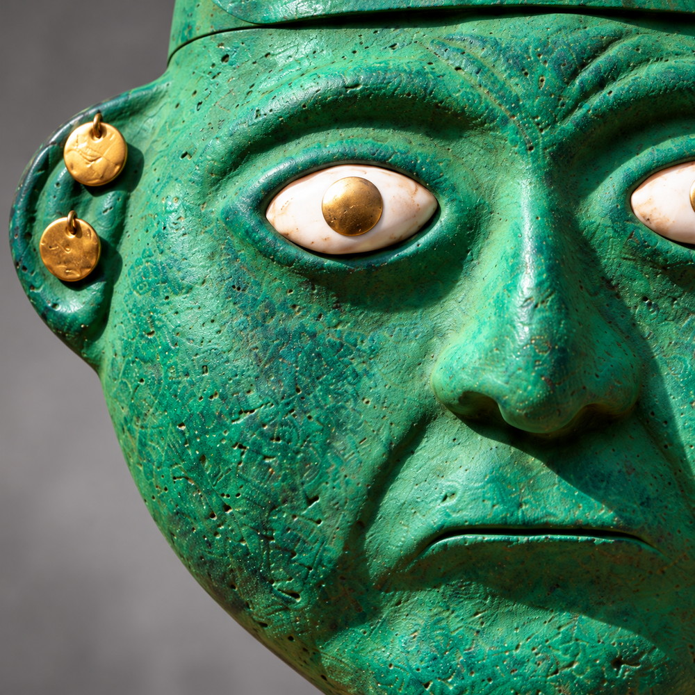 Máscara Moche con Tocado Media Luna y Pedestal — Detalle del acabado. Ambientación digital basada en la fotografía del producto.