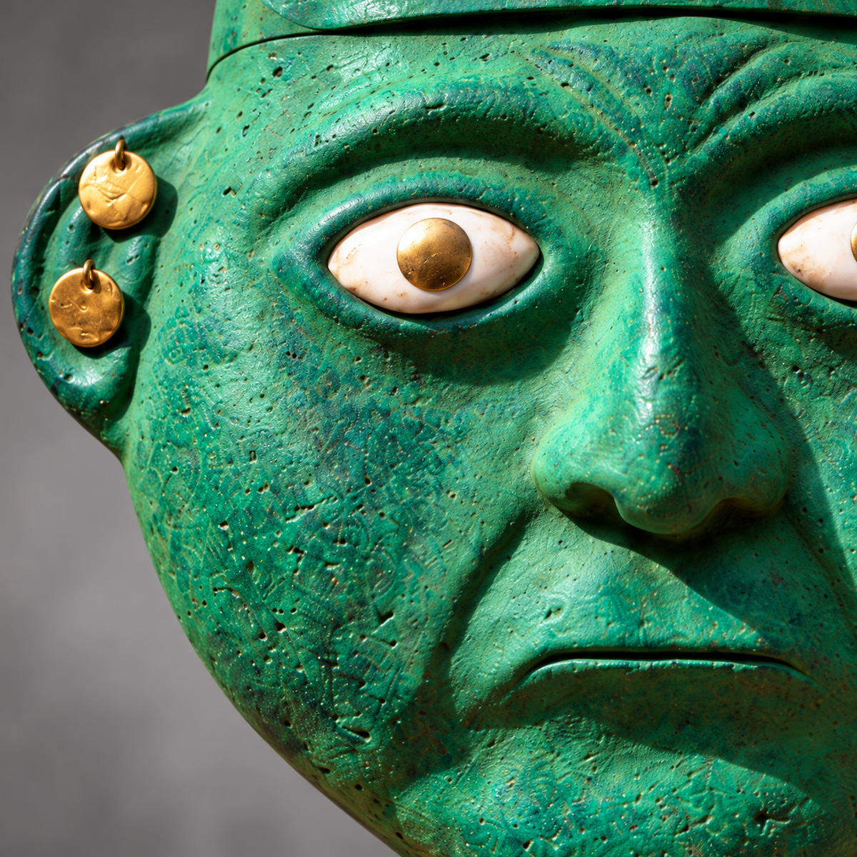 Máscara Moche con Tocado Media Luna y Pedestal — Detalle del acabado. Ambientación digital basada en la fotografía del producto.