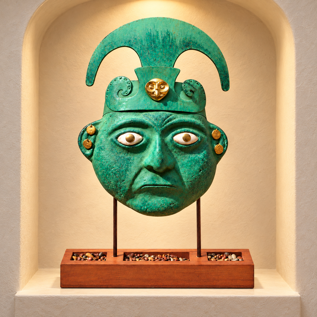 Máscara Moche con Tocado Media Luna y Pedestal — Nicho de exposición. Ambientación digital basada en la fotografía del producto.