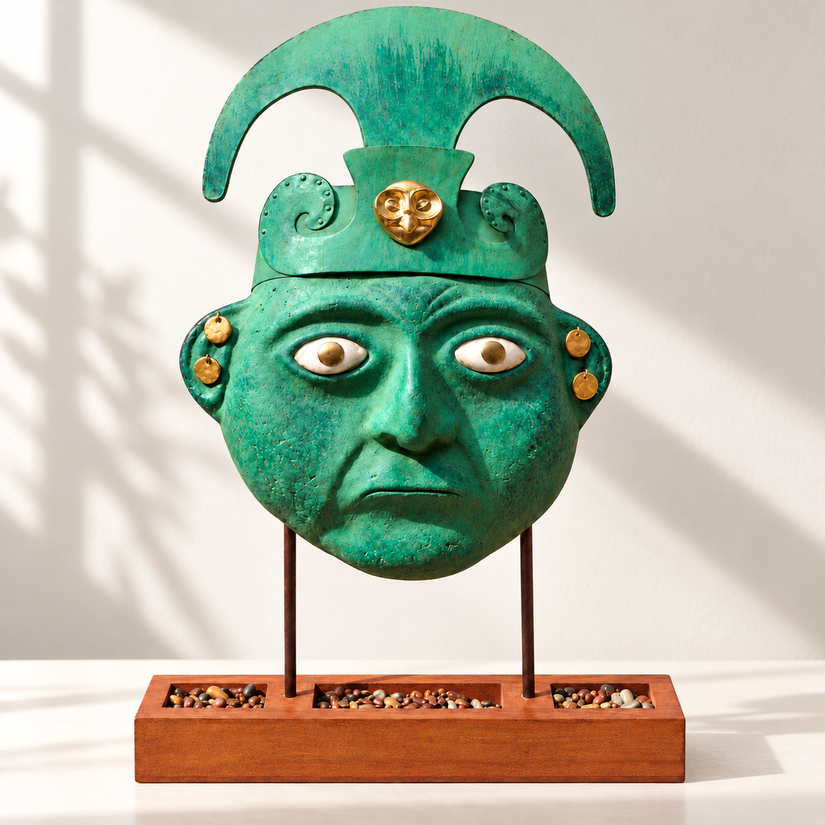 Máscara Moche con Tocado Media Luna y Pedestal — Luz de ventana. Ambientación digital basada en la fotografía del producto.