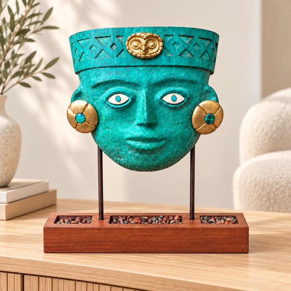 Máscara Mochica en Pedestal de Cajón — En un interior. Ambientación digital basada en la fotografía del producto.