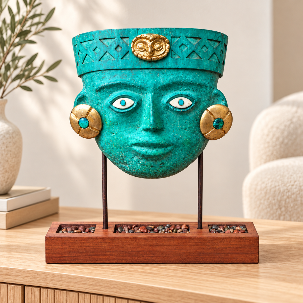 Máscara Mochica en Pedestal de Cajón — En un interior. Ambientación digital basada en la fotografía del producto.