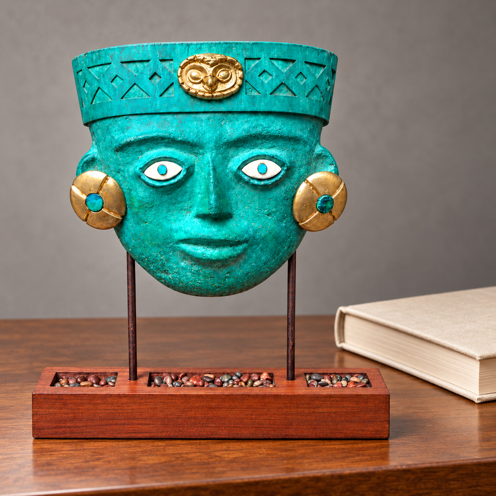 Máscara Mochica en Pedestal de Cajón — Composición editorial. Ambientación digital basada en la fotografía del producto.