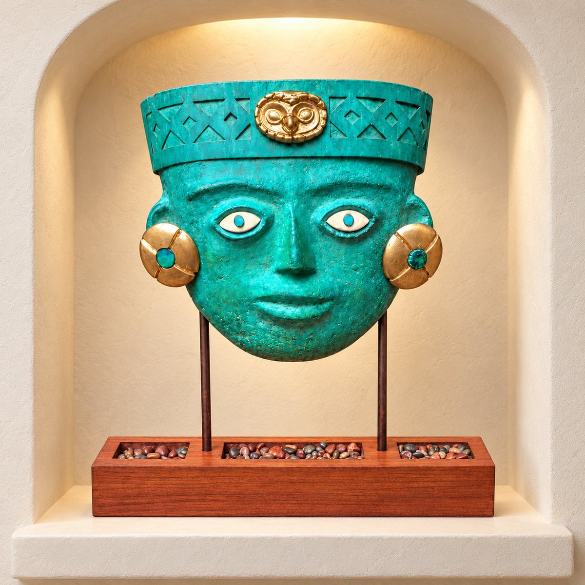 Máscara Mochica en Pedestal de Cajón — Nicho de exposición. Ambientación digital basada en la fotografía del producto.