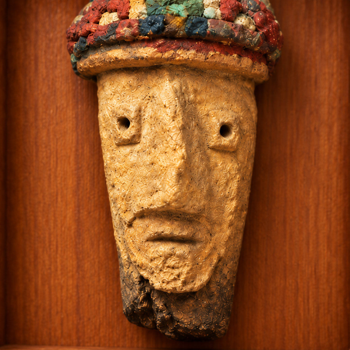Karajía Mini · acercamiento del rostro y del tocado de la obra de 7 × 7 cm; imagen digital basada en las fotografías del producto.