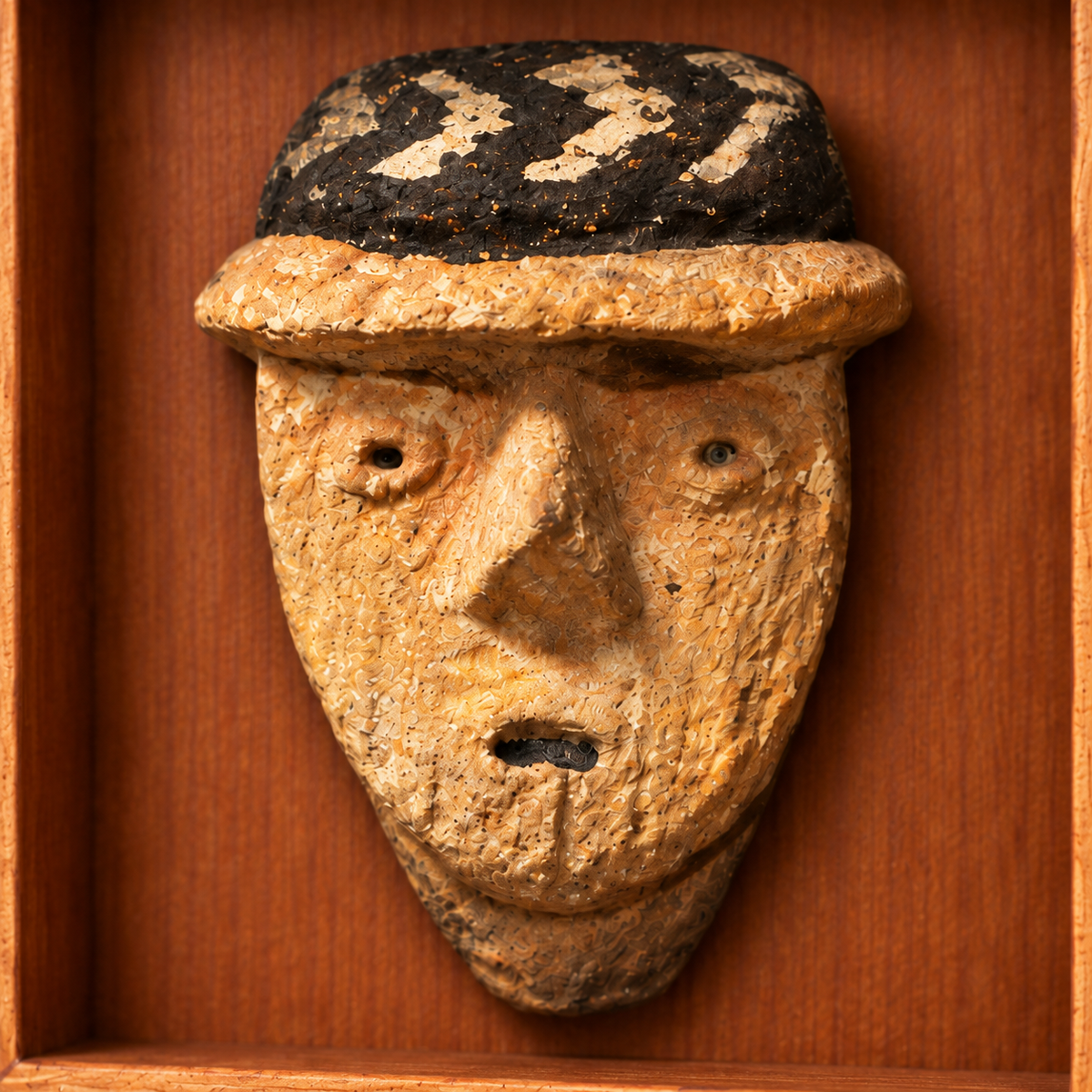 Kuélap Mini · acercamiento del rostro y del tocado de la obra de 7 × 7 cm; imagen digital basada en las fotografías del producto.
