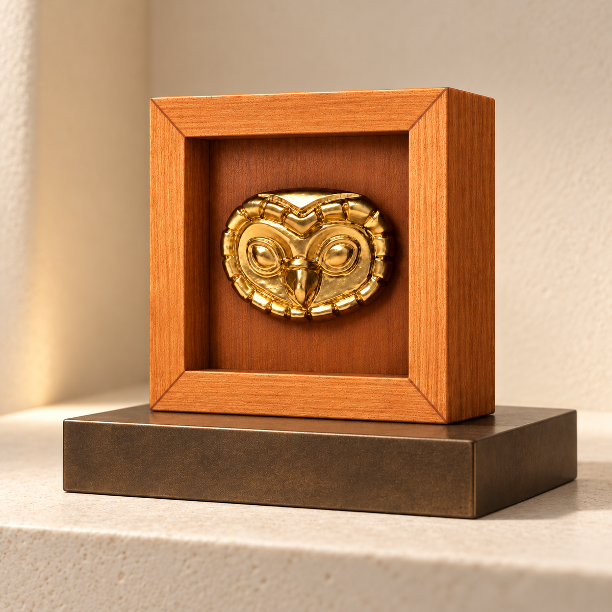 Lechuza Mochica Mini · Shadow Box de 7 × 7 cm sobre pedestal; ambientación digital. Pedestal no incluido.