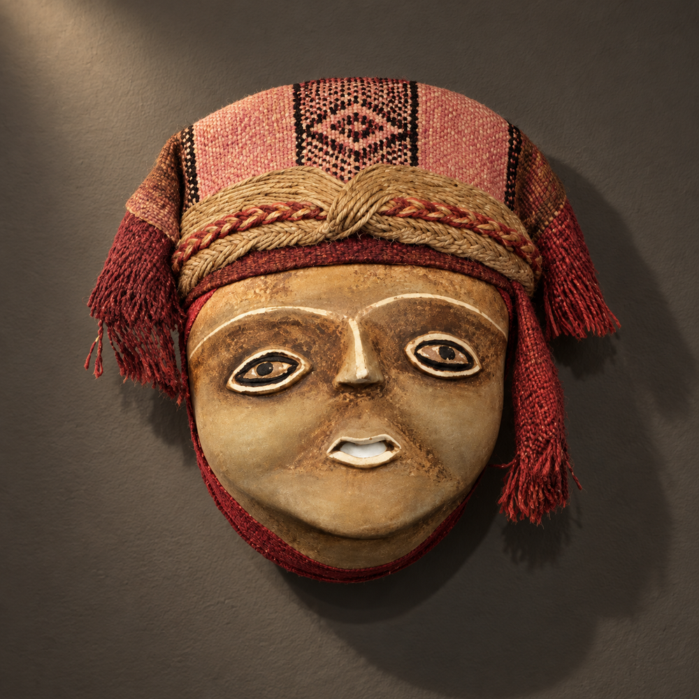 Máscara Mujer Inca — Exposición museográfica. Ambientación digital basada en la fotografía de catálogo; elementos del escenario no incluidos.