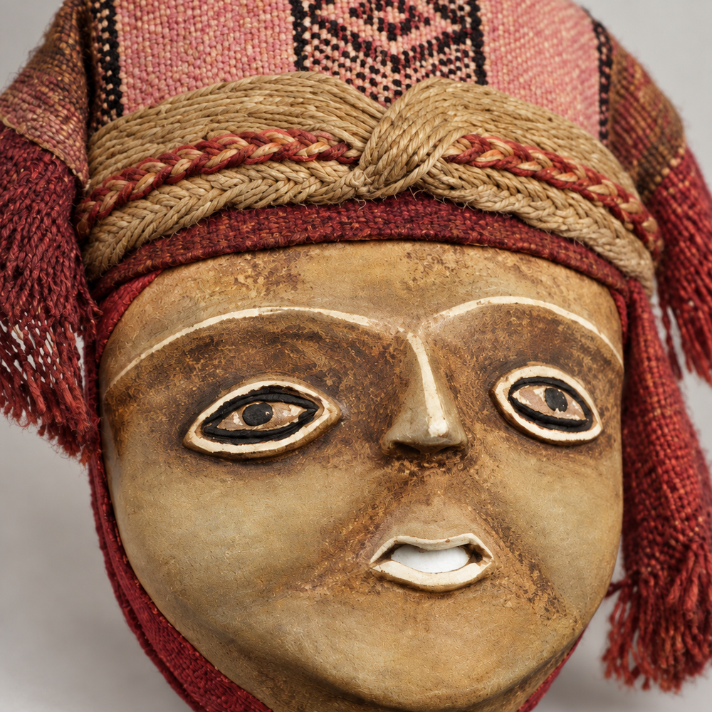Máscara Mujer Inca — Detalle de pigmentos y tejido. Ambientación digital basada en la fotografía de catálogo; elementos del escenario no incluidos.