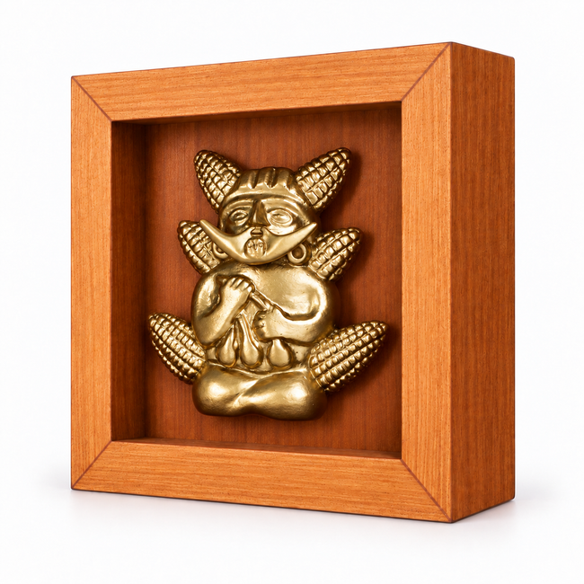 Mochica con Choclos — vista diagonal derecha, Shadow Box de MDF 13 × 13 × 4 cm; edición digital basada en la fotografía del producto.