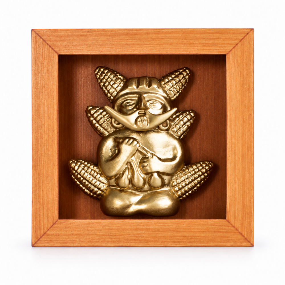 Mochica con Choclos — vista frontal, Shadow Box de MDF 13 × 13 × 4 cm; edición digital basada en la fotografía del producto.