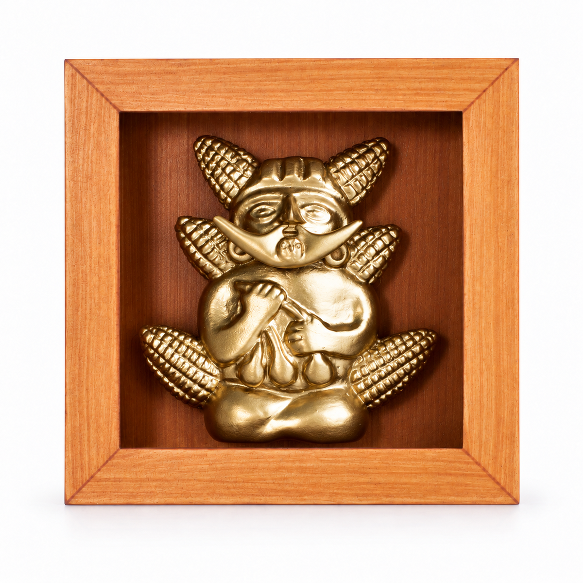 Mochica con Choclos — vista frontal, Shadow Box de MDF 13 × 13 × 4 cm; edición digital basada en la fotografía del producto.