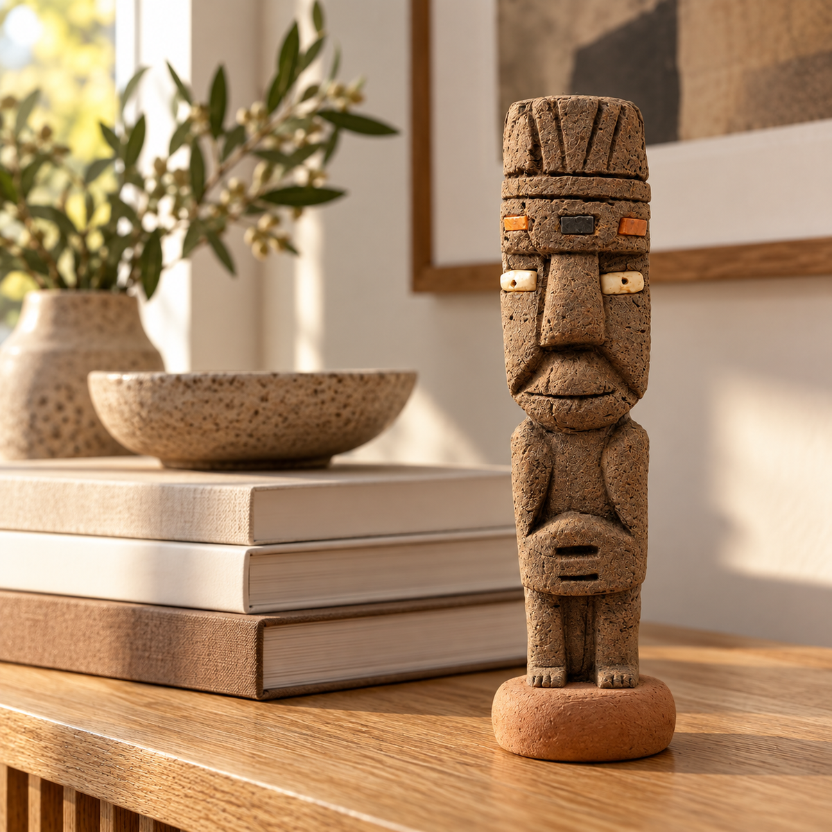 Tótem Wari en una biblioteca, junto a libros de arte sobre una consola.