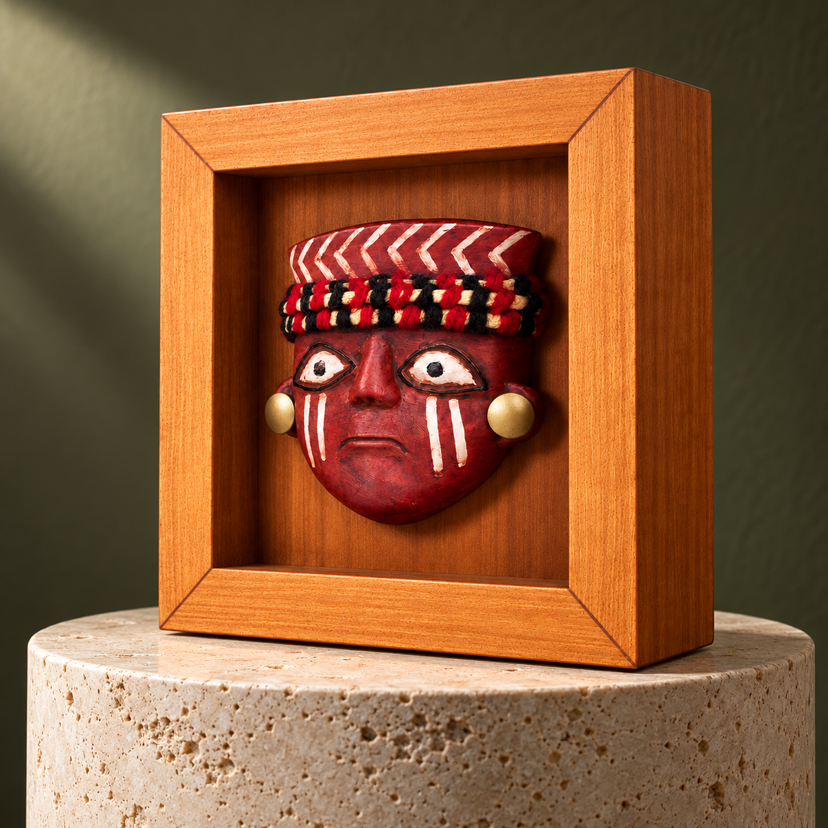Wari de Tocado Tejido · Shadow Box 13 cm sobre pedestal de piedra, con iluminación de galería: recreación digital. Pedestal no incluido.