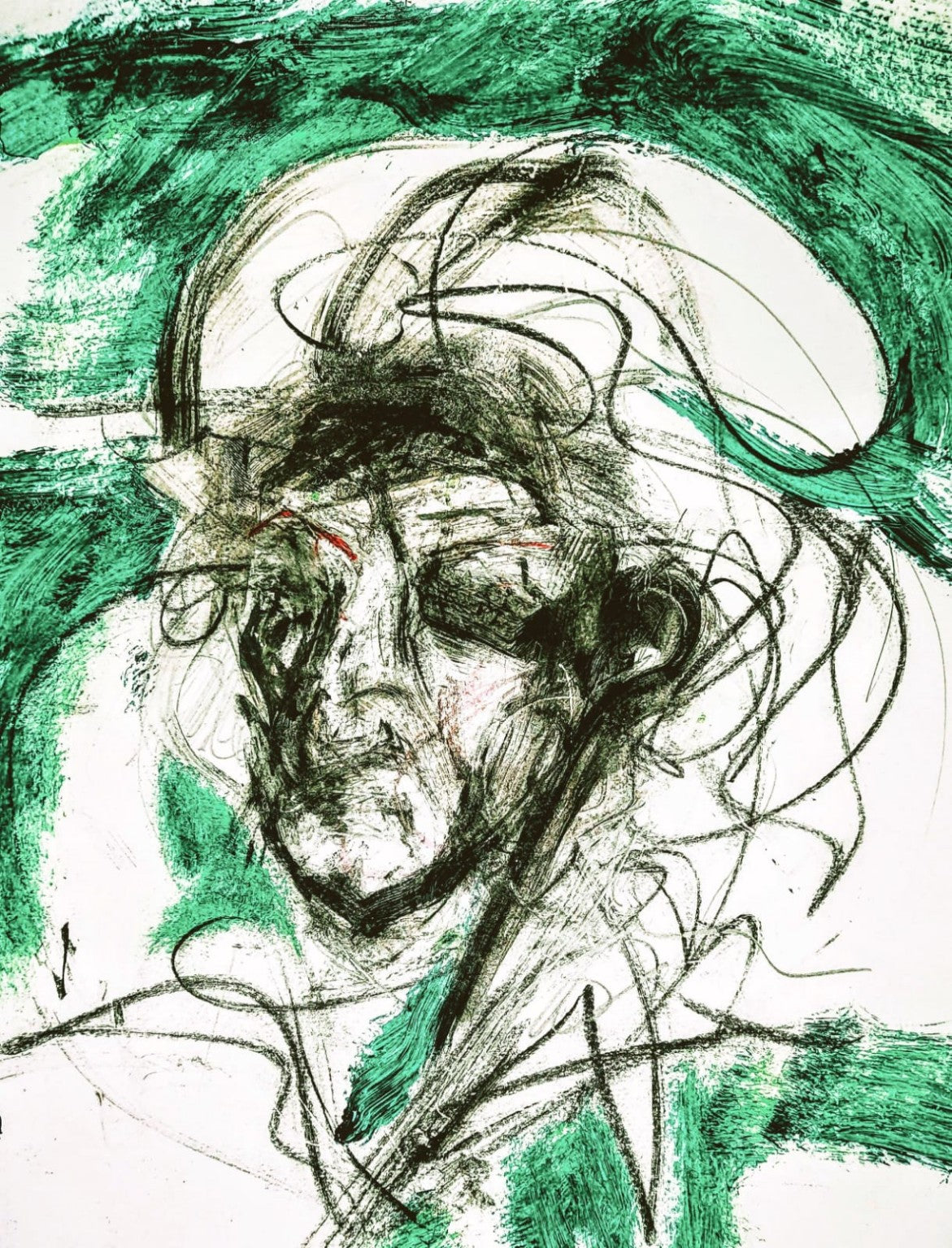 Obra de Pedro D'onofrio Dibos: Retrato de trazos negros rodeado de pinceladas verdes.