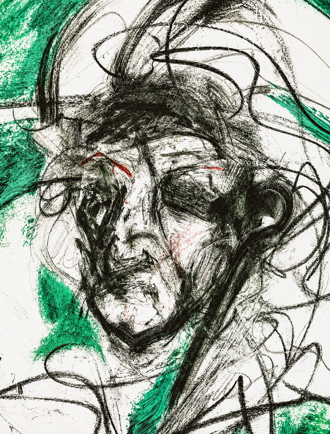 Detalle recreado digitalmente de La memoria del viento: rostro y trazos verdes; no sustituye una macrofotografía documental.