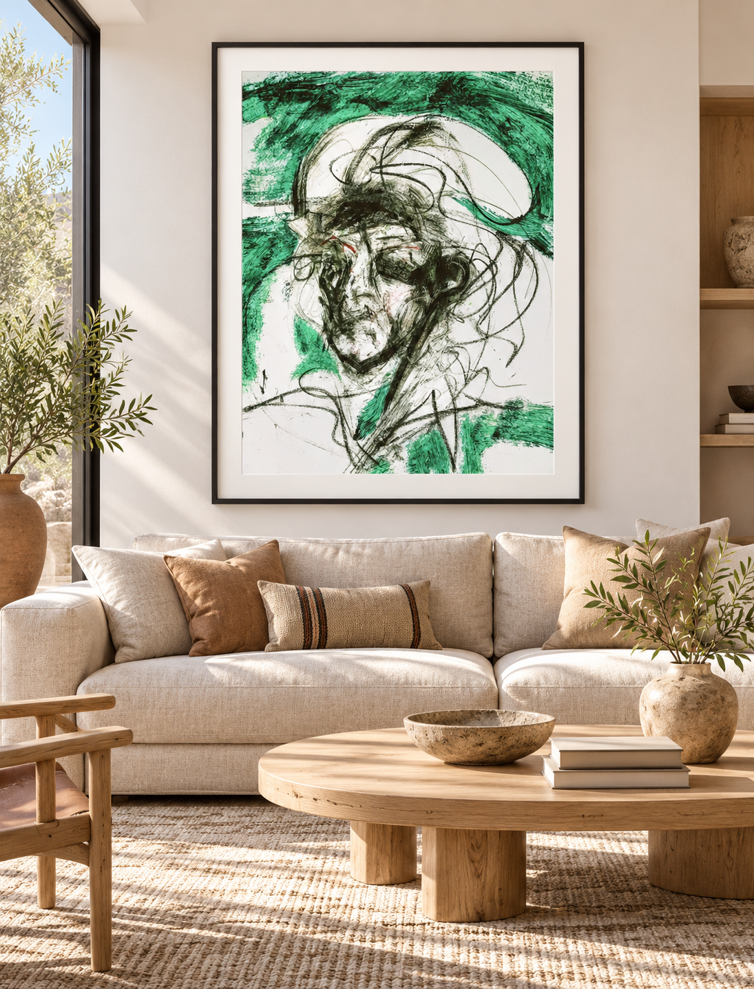 Ambientación digital de La memoria del viento en una sala; marco y escala ilustrativos.