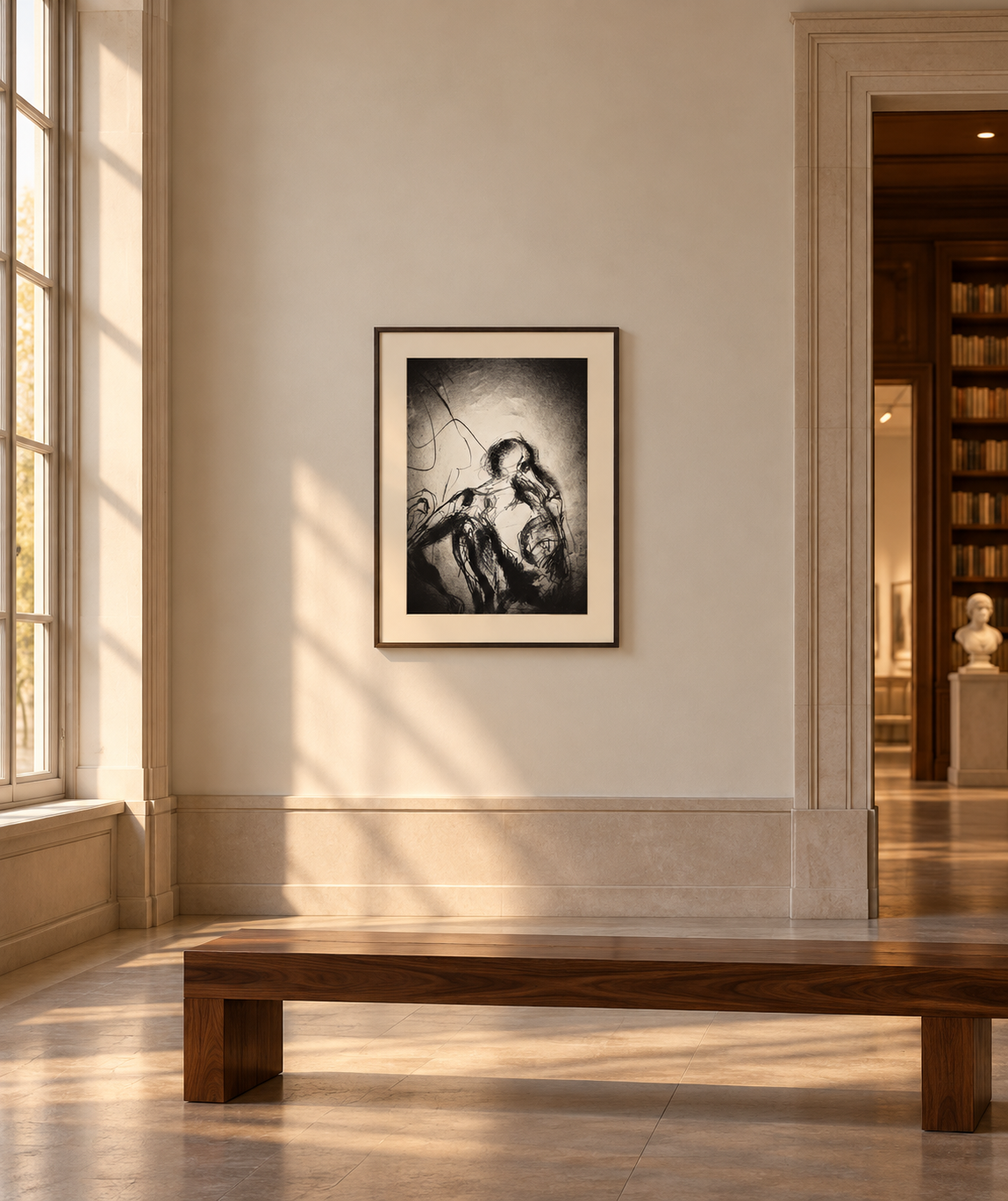 Ambientación digital de El peso del silencio, de Pedro D'onofrio Dibos, en sala de lectura; marco y escala ilustrativos.