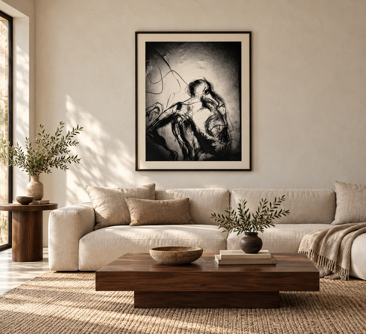 Ambientación digital de El peso del silencio, de Pedro D'onofrio Dibos, sobre un sofá en sala contemporánea; marco y escala ilustrativos.