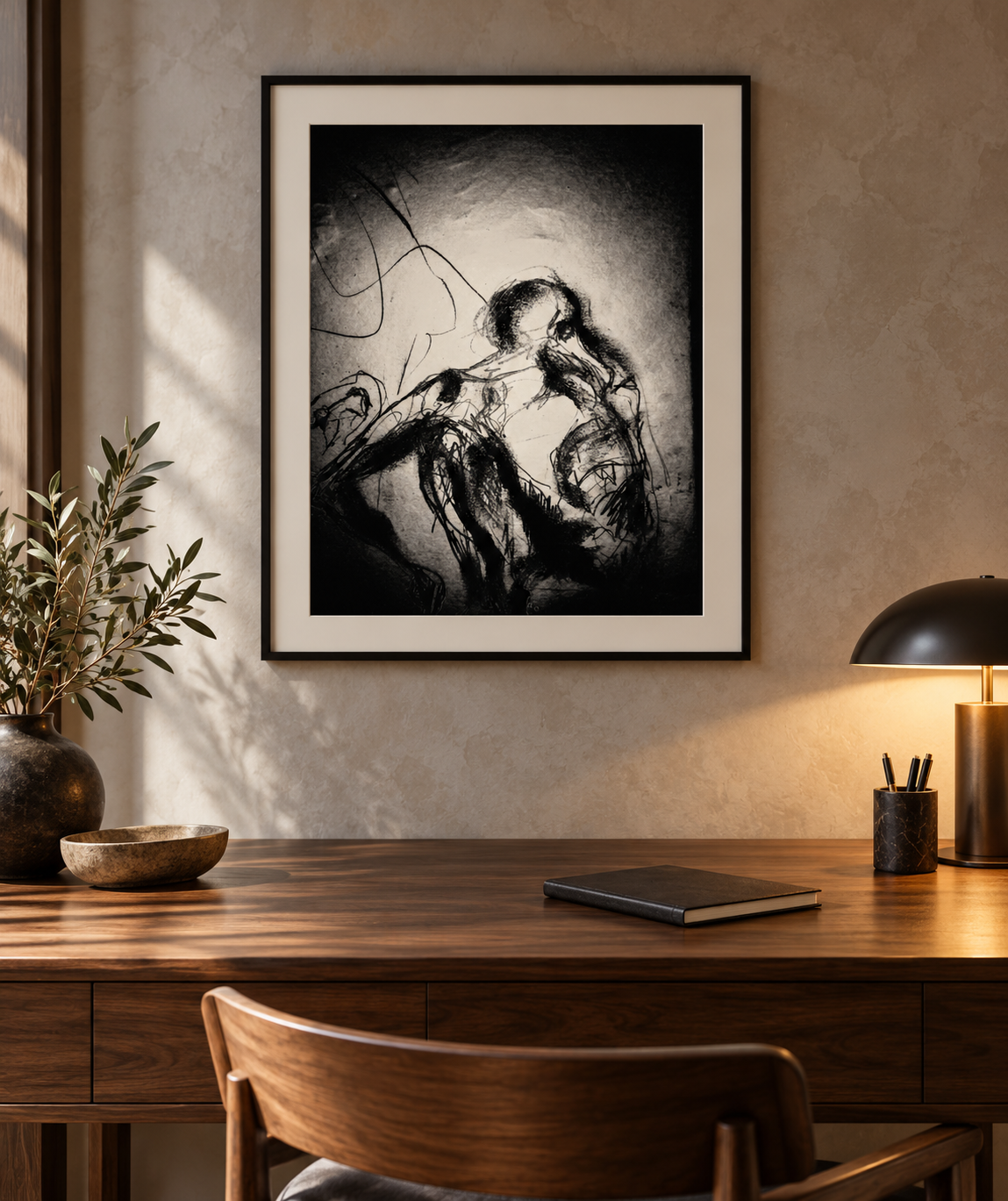 Ambientación digital de El peso del silencio, de Pedro D'onofrio Dibos, en espacio de trabajo; marco y escala ilustrativos.