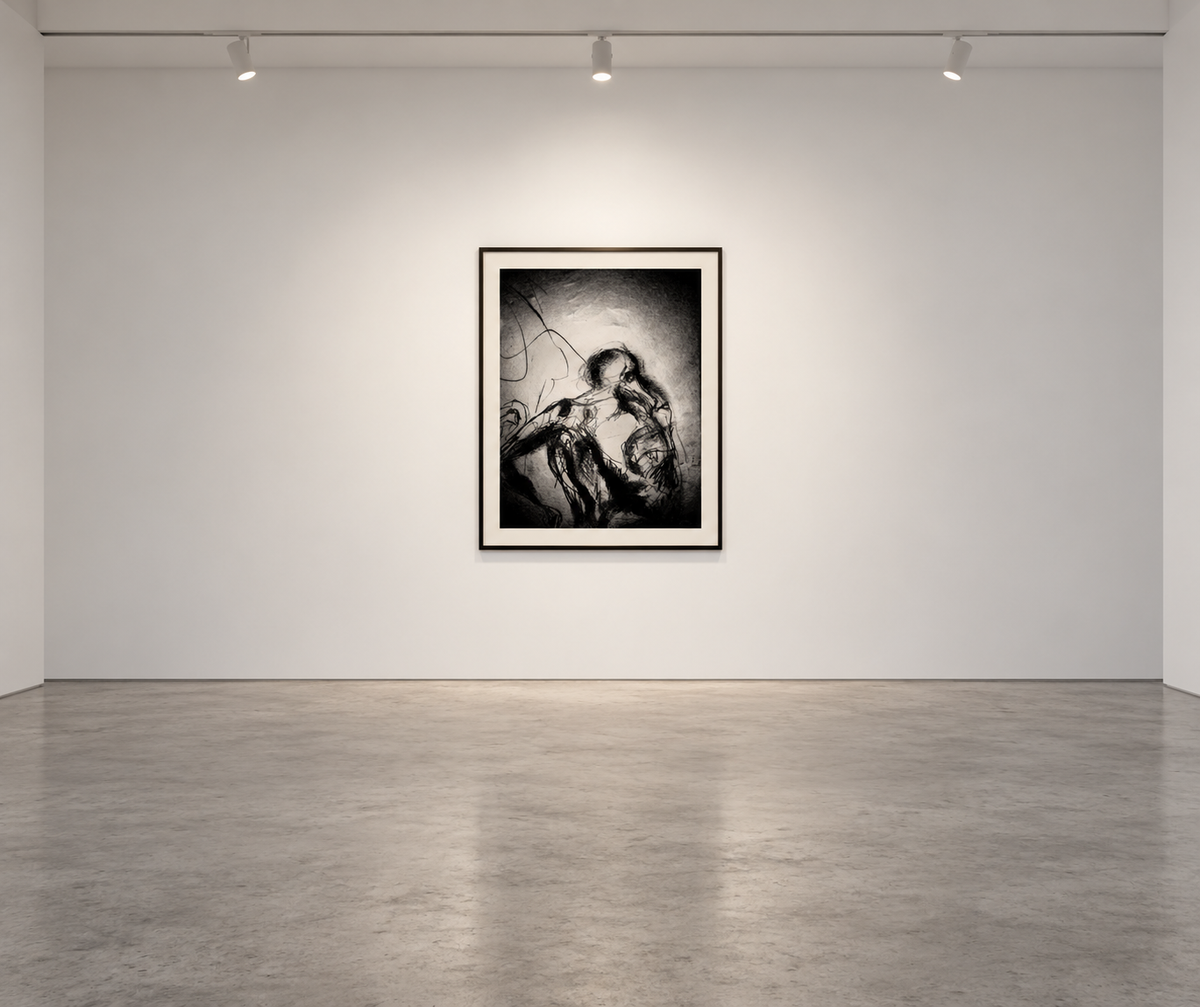 Ambientación digital de El peso del silencio, de Pedro D'onofrio Dibos, en galería contemporánea; marco y escala ilustrativos.
