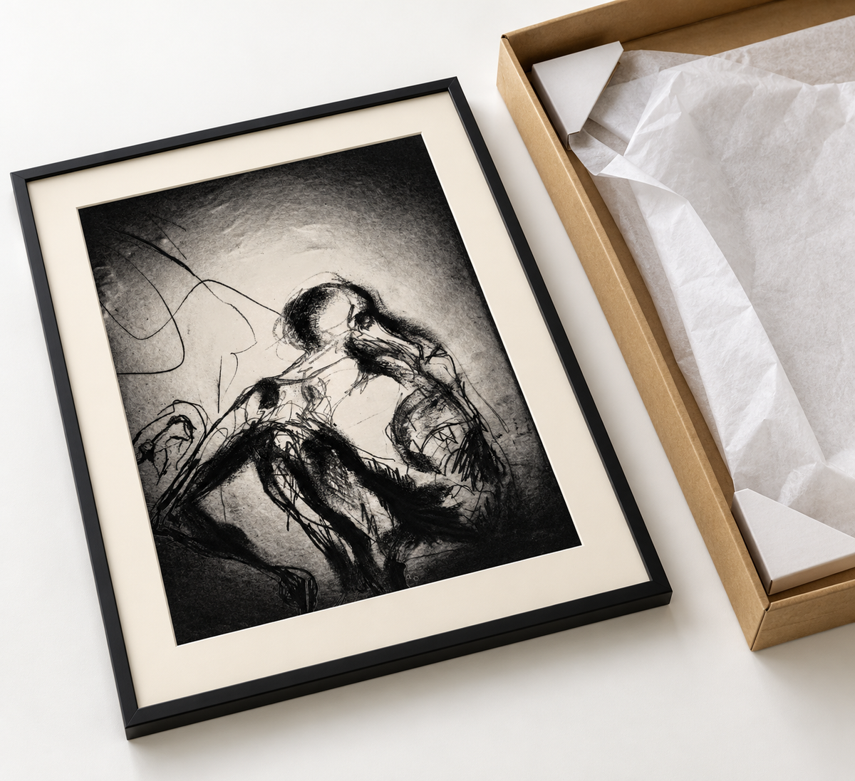 Ambientación digital de El peso del silencio, de Pedro D'onofrio Dibos, junto a un empaque conceptual; marco y empaque ilustrativos.