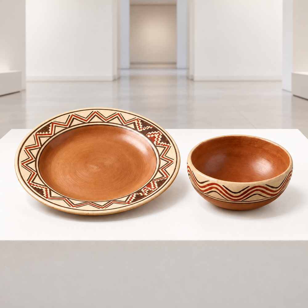Plato Ceremonial Tendido Callana de Chazuta con Cenefa Geométrica · sala de museo; ambientación digital a partir de la imagen de catálogo. Elementos del escenario no incluidos.
