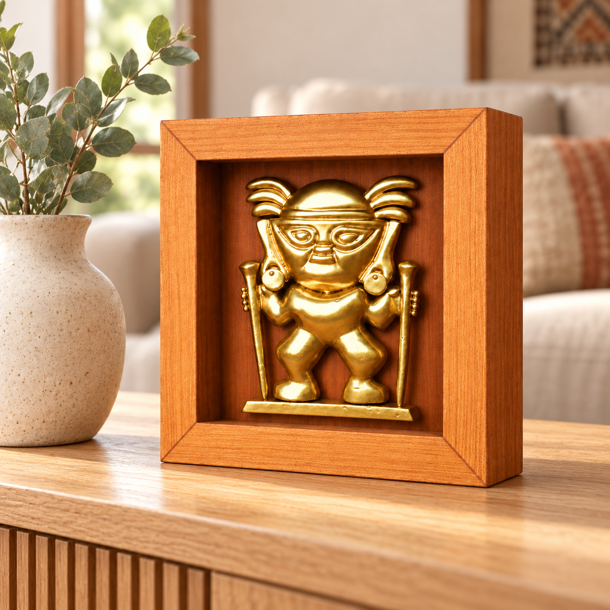 Señor con Báculos, Shadow Box 17 × 17 cm, en un ambiente de hogar. Ambientación digital basada en la obra; accesorios decorativos no incluidos.