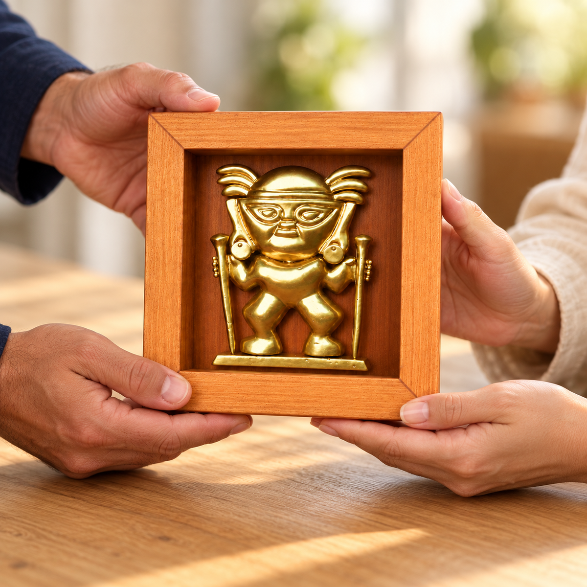 Señor con Báculos, Shadow Box 17 × 17 cm, como regalo de arte peruano. Ambientación digital basada en la obra; accesorios decorativos no incluidos.