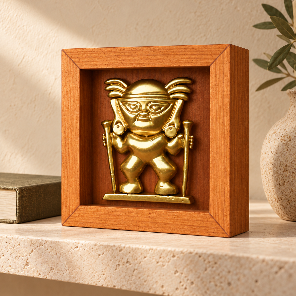 Señor con Báculos, Shadow Box 17 × 17 cm, en una repisa de colección. Ambientación digital basada en la obra; accesorios decorativos no incluidos.