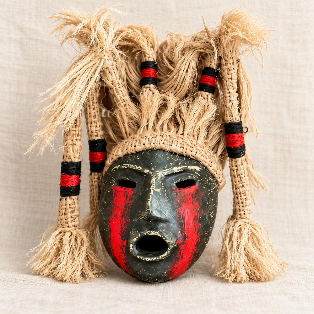 Amuletos Incas · máscara menor del conjunto · vista completa; ambientación digital a partir de la imagen de catálogo. Elementos del escenario no incluidos.