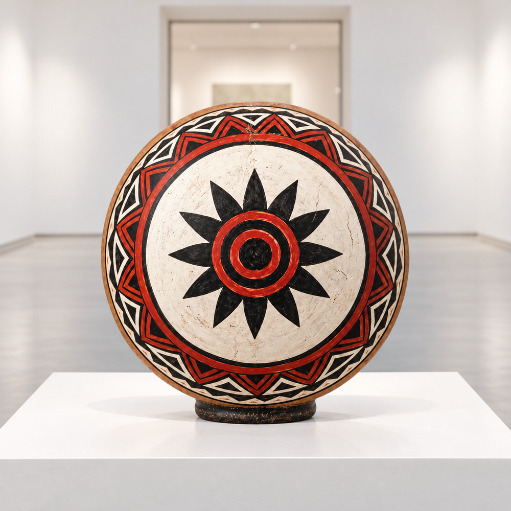 Tutuma Ceremonial Sol Geométrico de Chazuta · sala de museo; ambientación digital a partir de la imagen de catálogo. Elementos del escenario no incluidos.